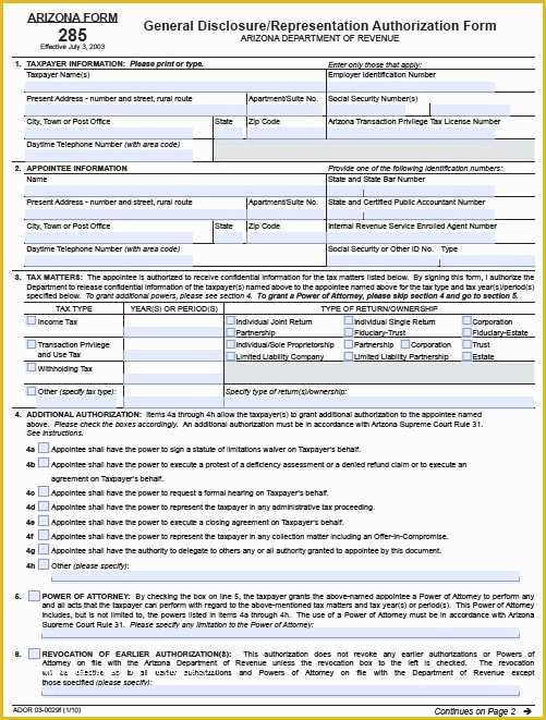 Free Will Template Arizona Of Free Tax Power Of attorney Arizona form 285 I – Adobe Pdf