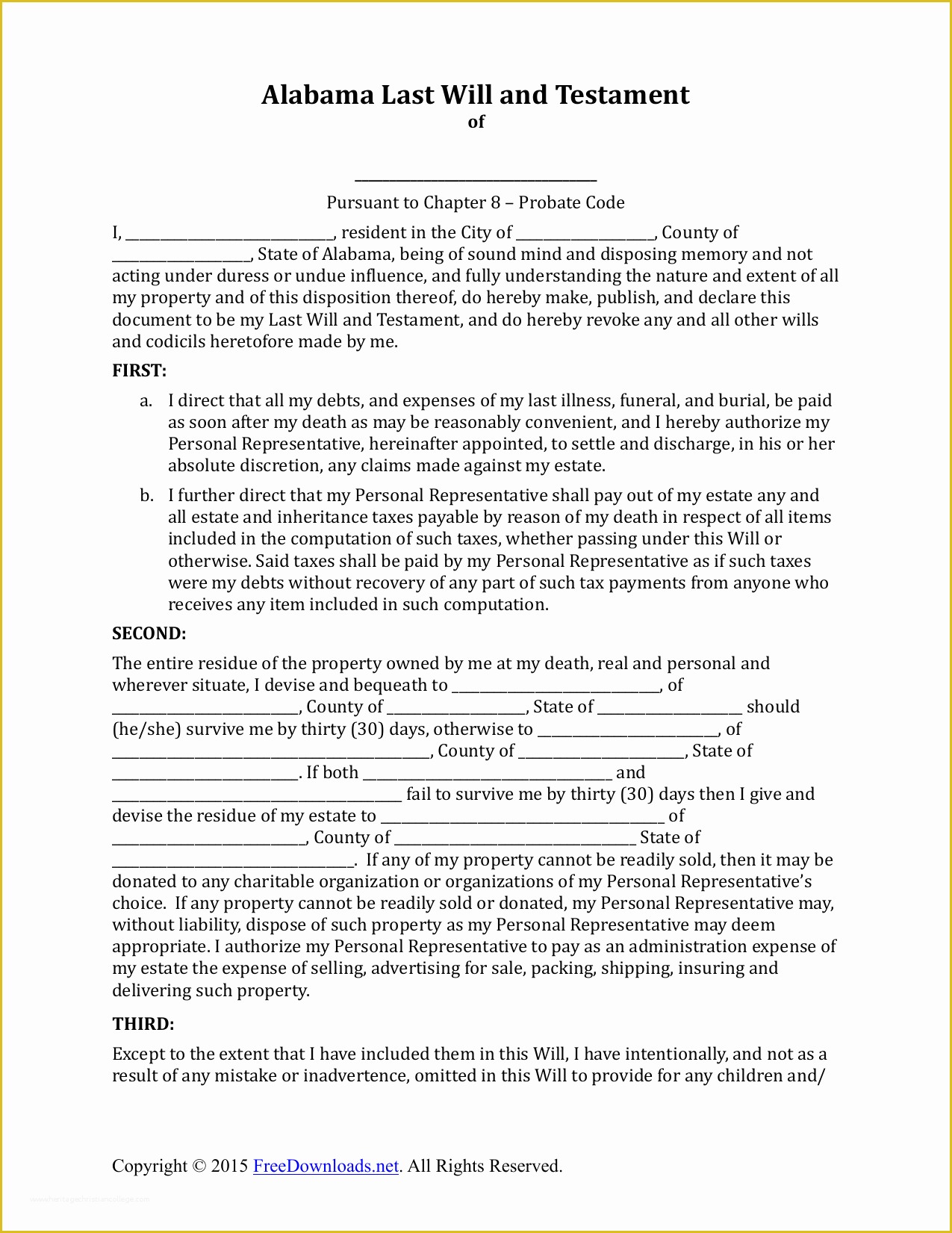 Free Will Template Download Of Download Alabama Last Will and Testament form Pdf