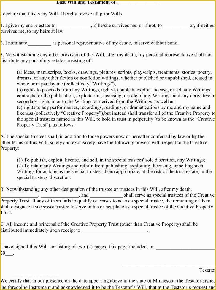 Free Will Template Download Of Minnesota Last Will and Testament form