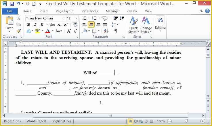 Free Will Template for Microsoft Word Of Free Last Will and Testament Template for Word
