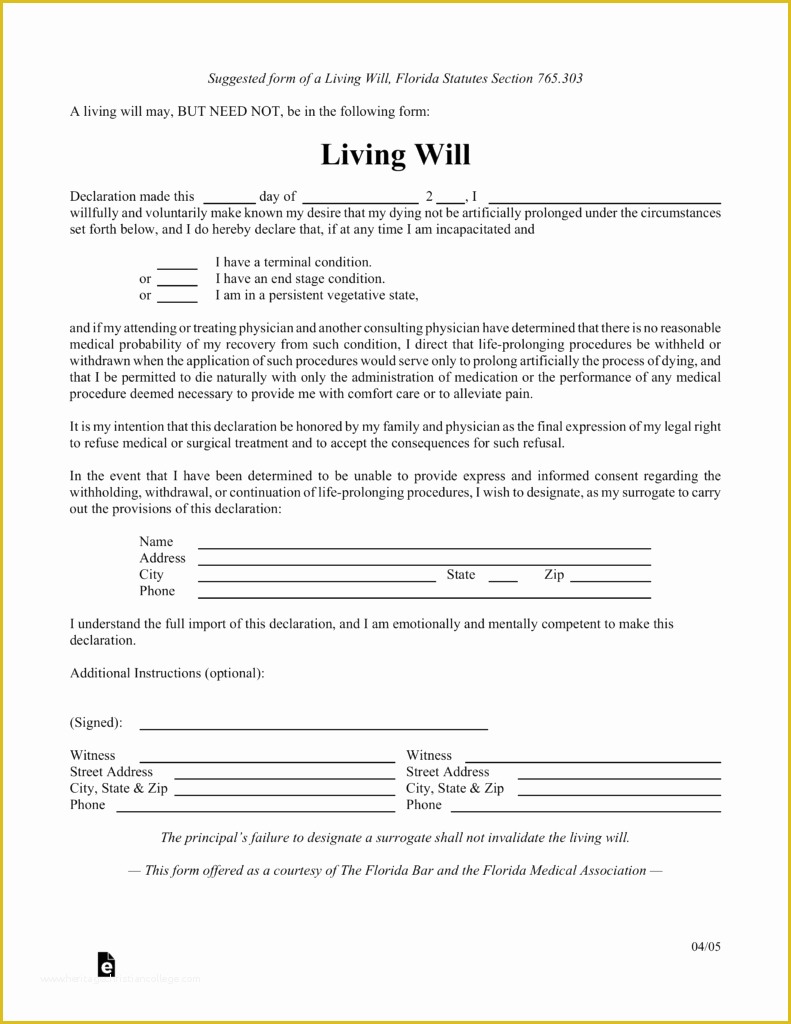 Free Will Writing Template Of Free Florida Living Will form Pdf