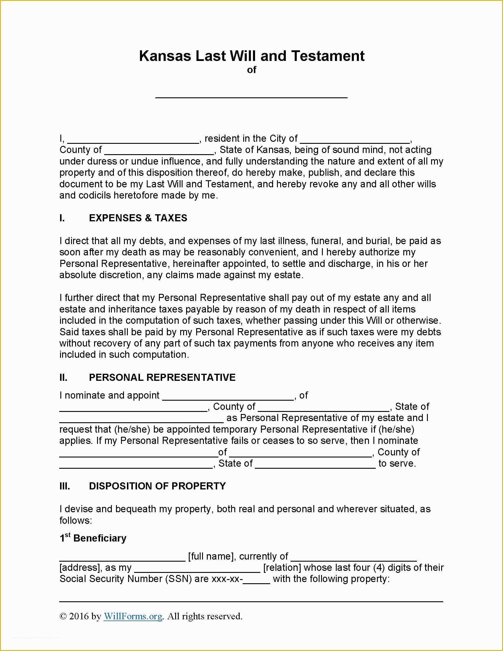 Free Will Writing Template Of Kansas Last Will and Testament form Will forms Will forms