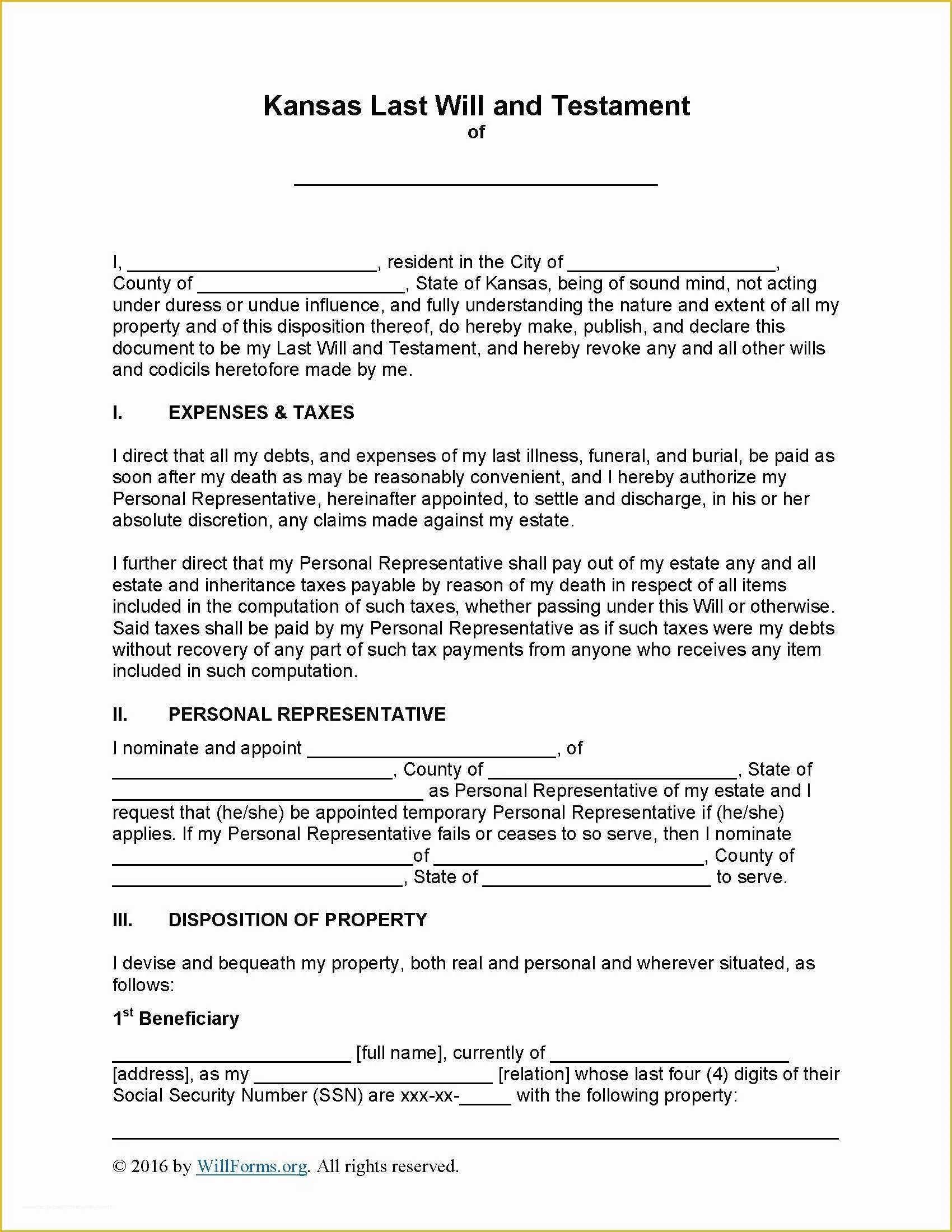 Free Will Writing Template Of Kansas Last Will and Testament form Will forms Will forms