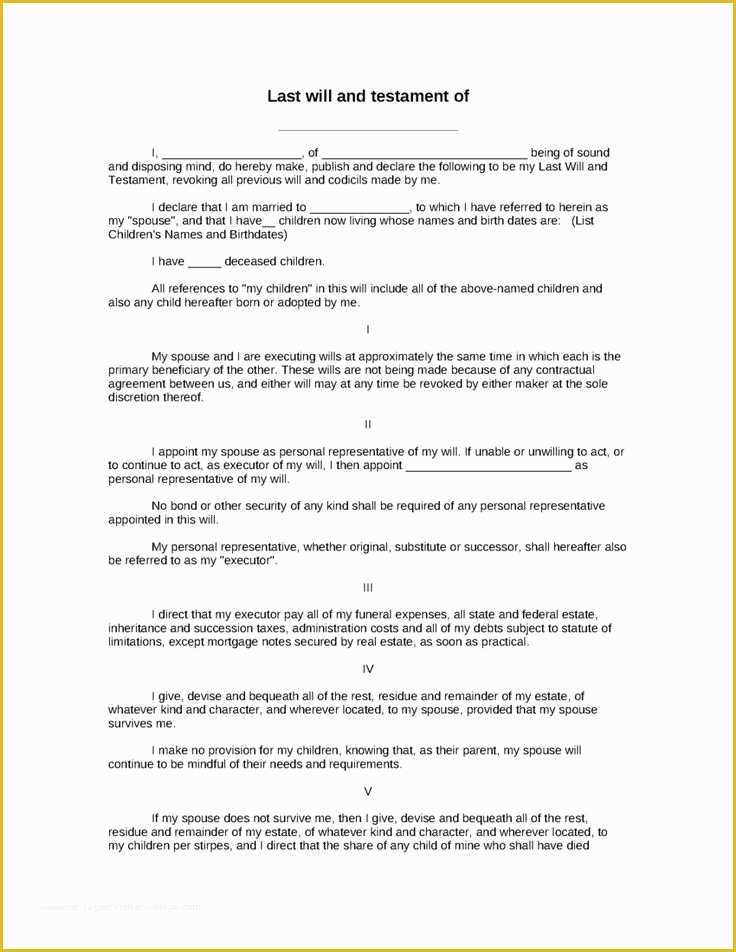 Free Will Writing Template Of Sample Last Will and Testament Of form