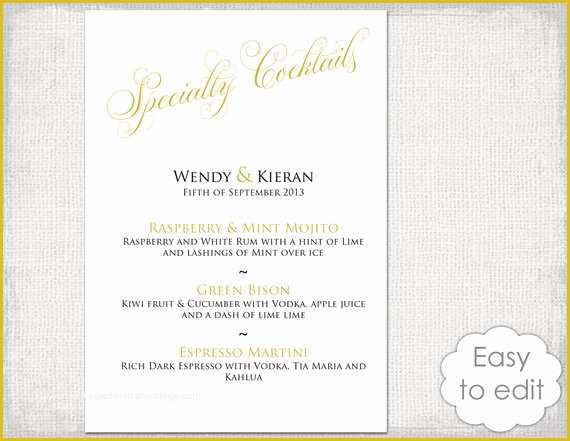 Free Word Document Menu Templates Of Cocktail Menu Template Printable Gold Wedding Signature Drinks