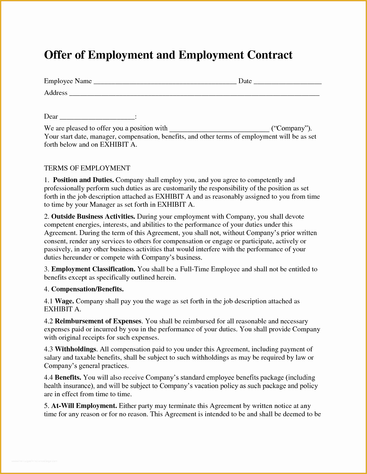 Free Work Contract Template Of Free Employment Contract Template Word