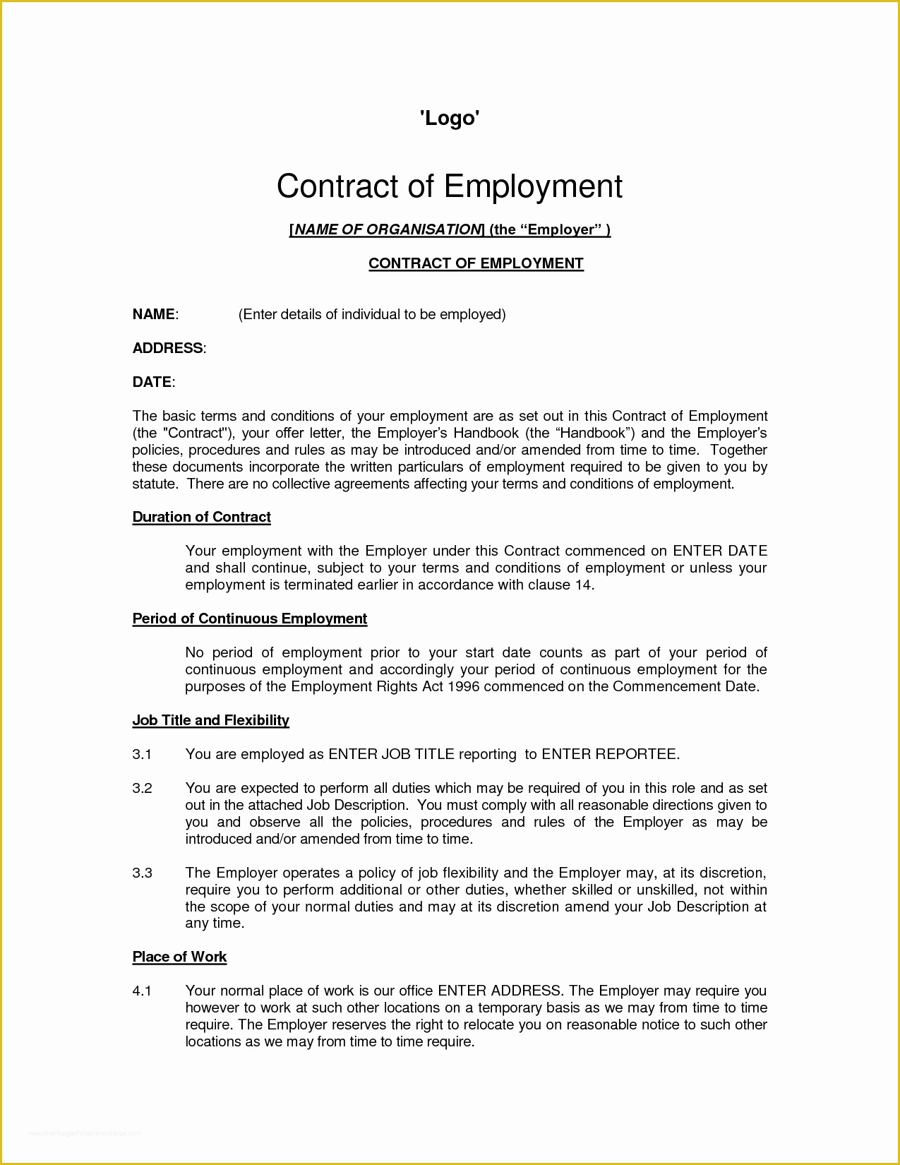 Free Work Contract Template Of Free Printable Employment Contract Sample form Generic