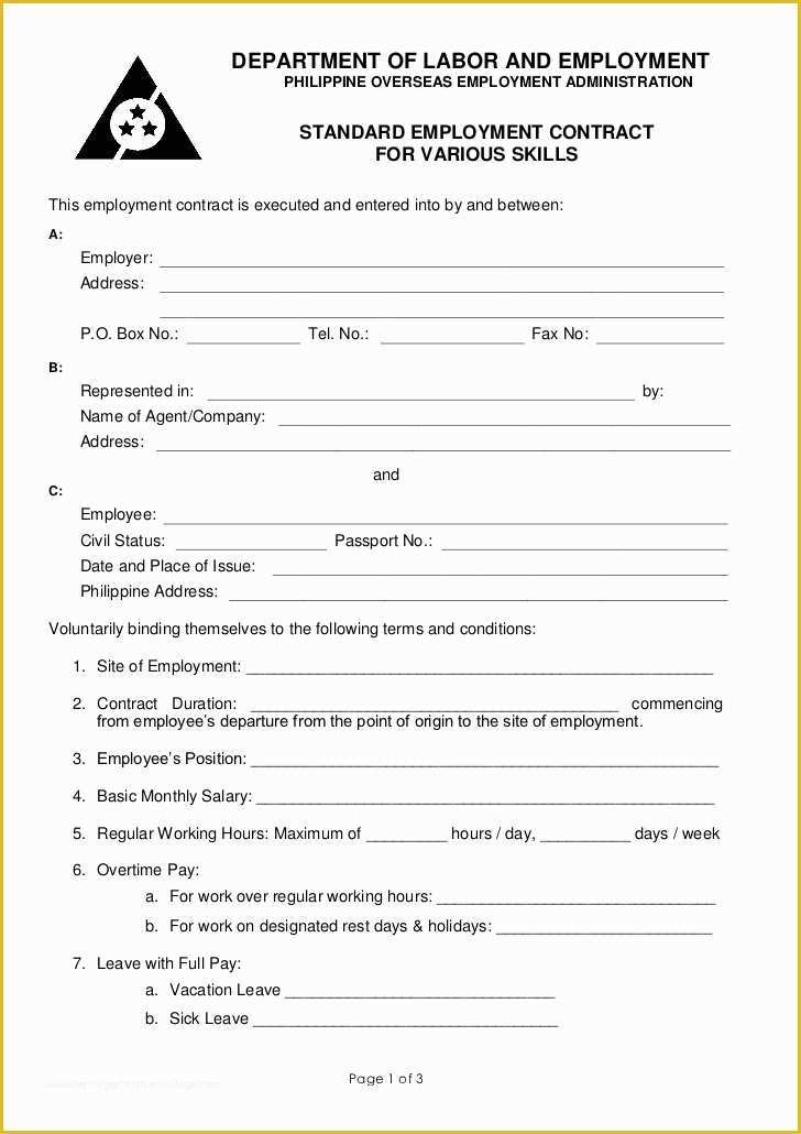 Free Work Contract Template Of Poea Standard Employment Contract for Various Services