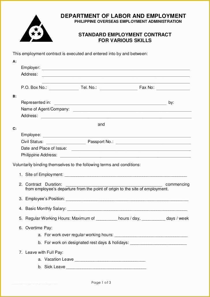 Free Work Contract Template Of Poea Standard Employment Contract for Various Services