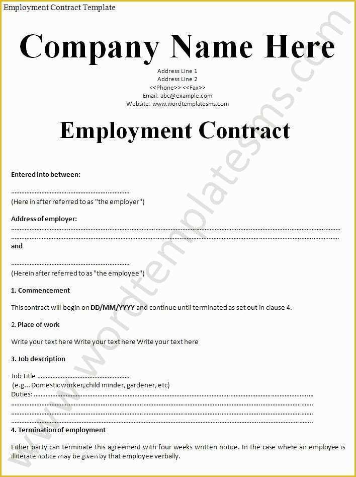 Free Work Contract Template Of Printable Sample Employment Contract Sample form