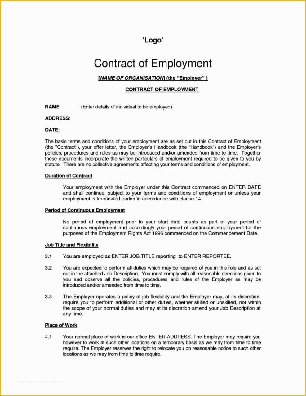 Free Work Contract Template Of Standard Employment Contract Template Sampletemplatess