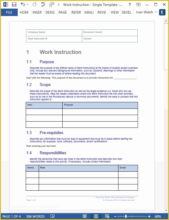Free Work Instruction Template Downloads Of Great Work Instruction Template Work Instruction