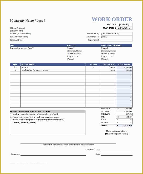 Free Work order Template Word Of Excel Work order Template 13 Free Excel Document