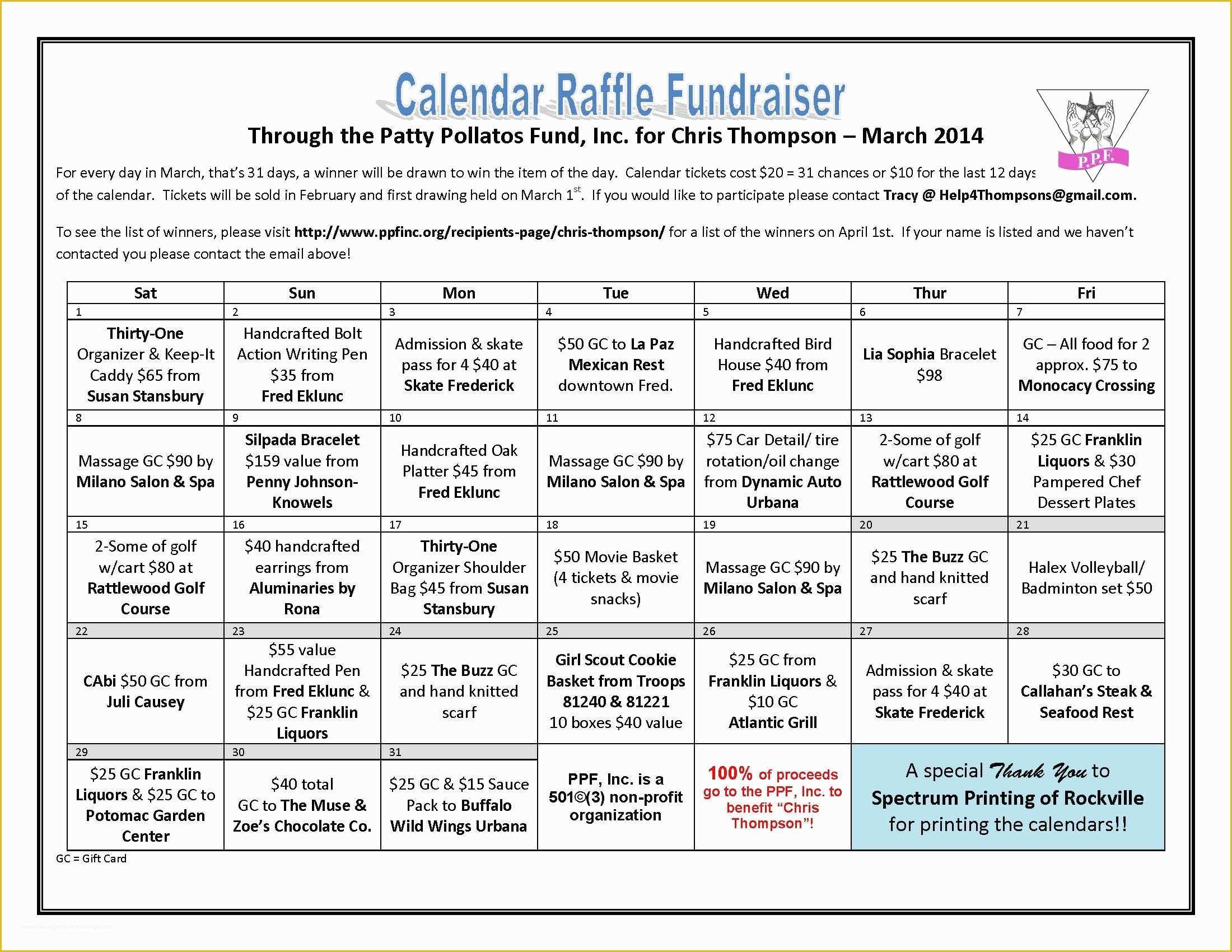 Fundraiser Template Free Of Thompson Raffle Fundraiser Calendar Final 2 200×1 700