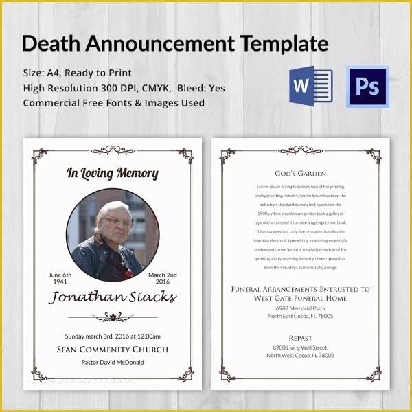 Funeral Announcement Template Free Of Death Announcement 5 Word Psd format Download