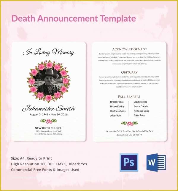 Funeral Announcement Template Free Of Death Announcement 5 Word Psd format Download