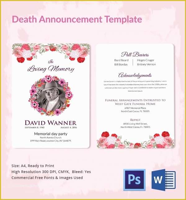 Funeral Announcement Template Free Of Death Announcement 5 Word Psd format Download