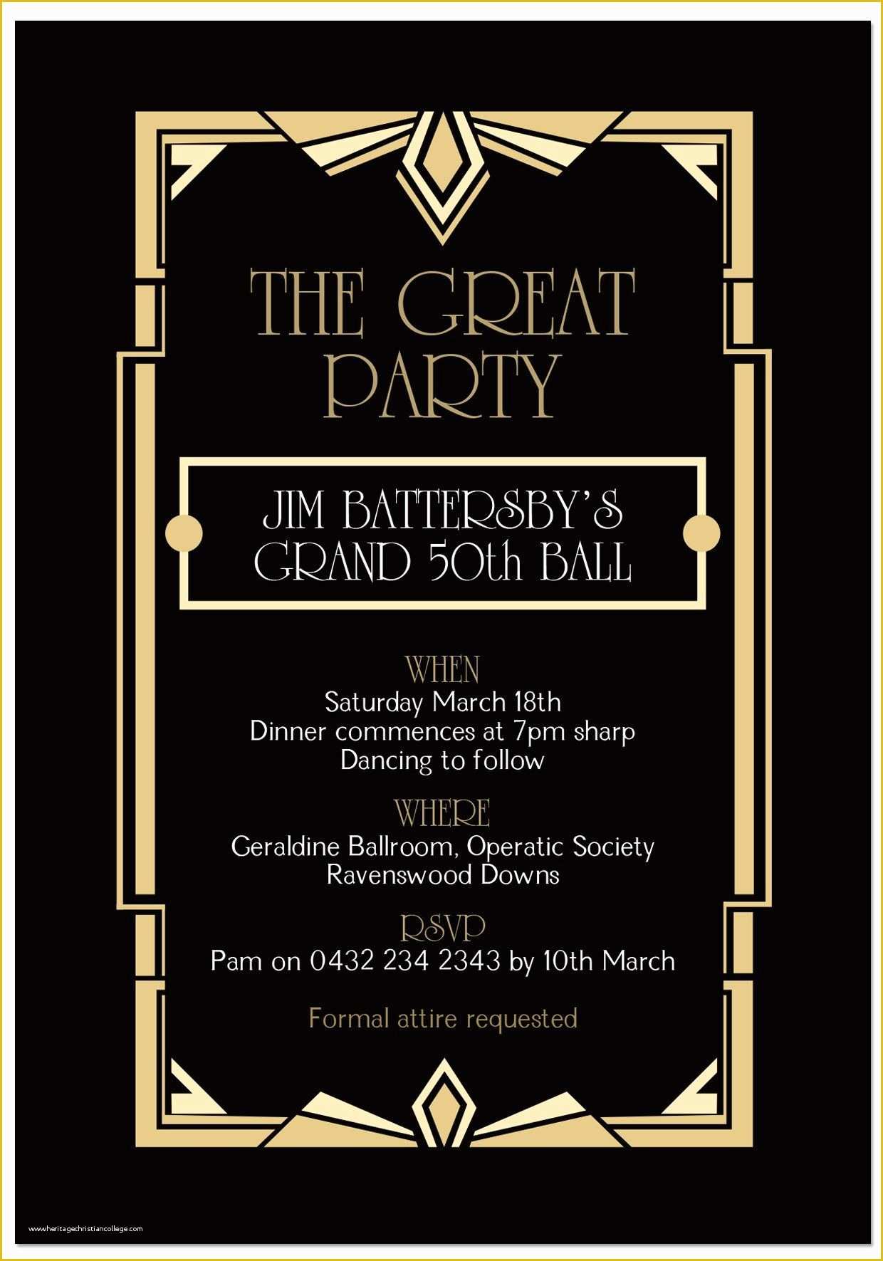 Gala Invitation Template Free Of Gatsby Ball Birthday Invitations