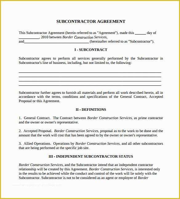 General Contractor Contract Template Free Of 15 Sample Subcontractor Agreements