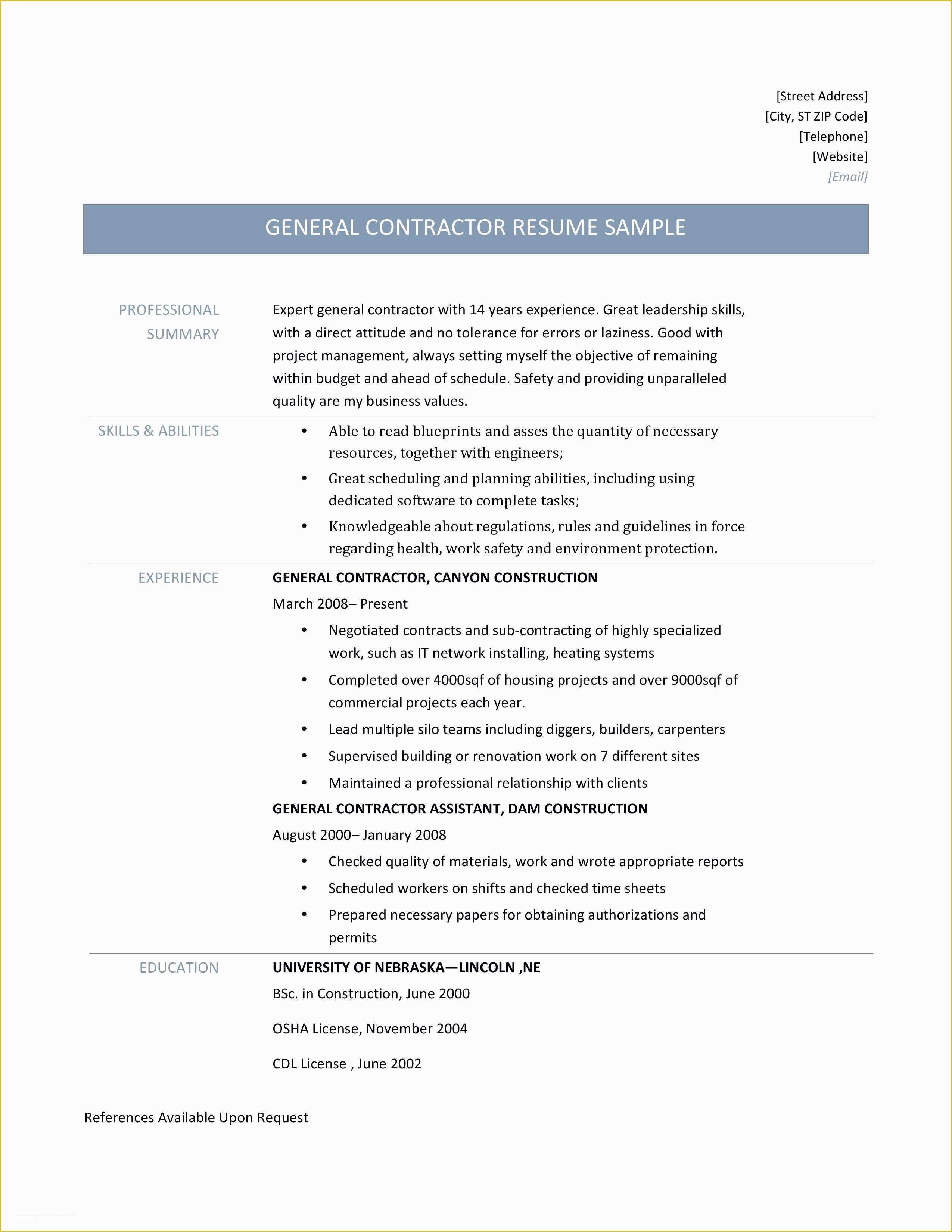 General Resume Template Free Of General Contractor Resume Easychessfo