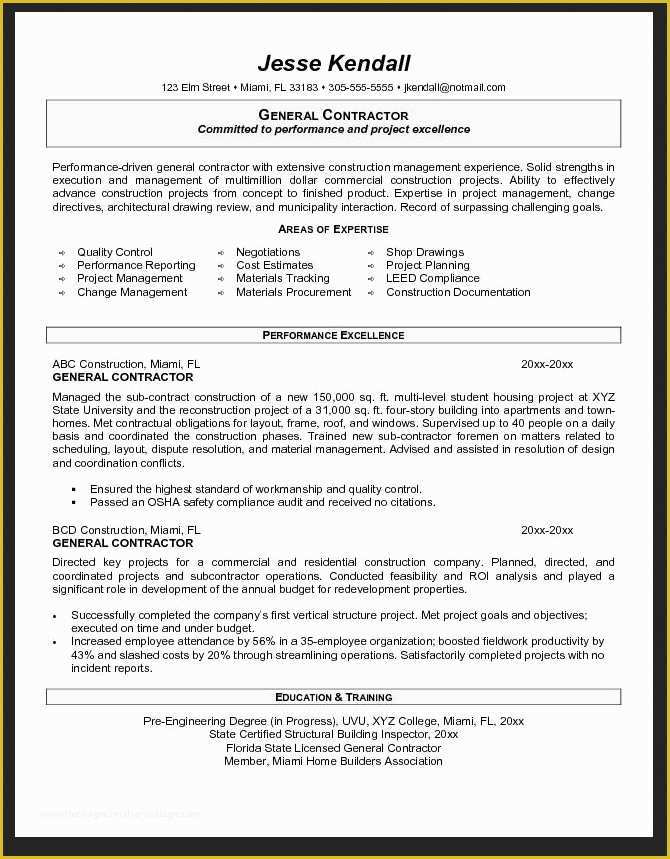 General Resume Template Free Of General Contractor Resume Objective Examples