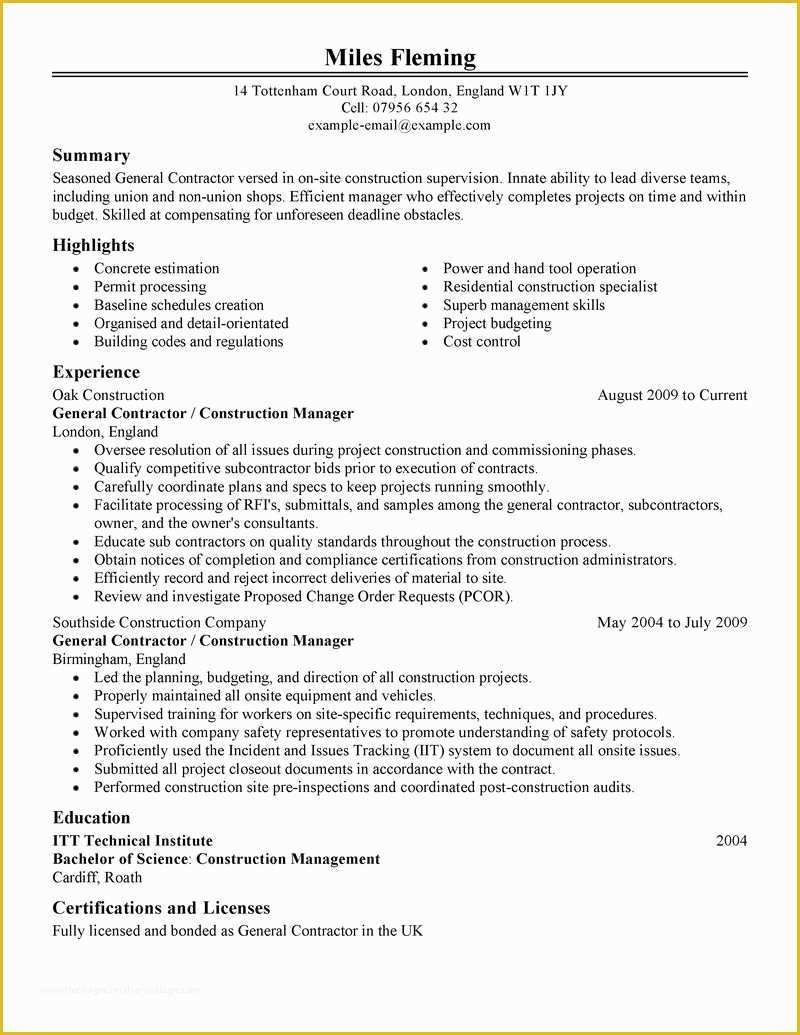 General Resume Template Free Of General Contractor Resume