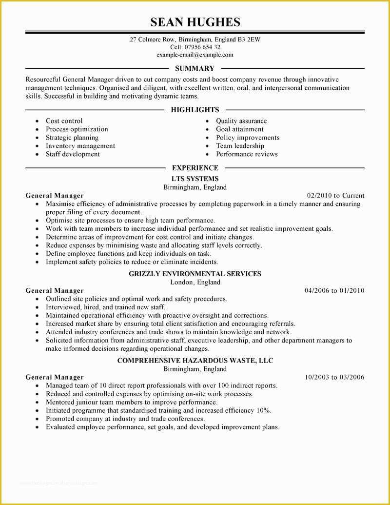 General Resume Template Free Of General Manager Resume