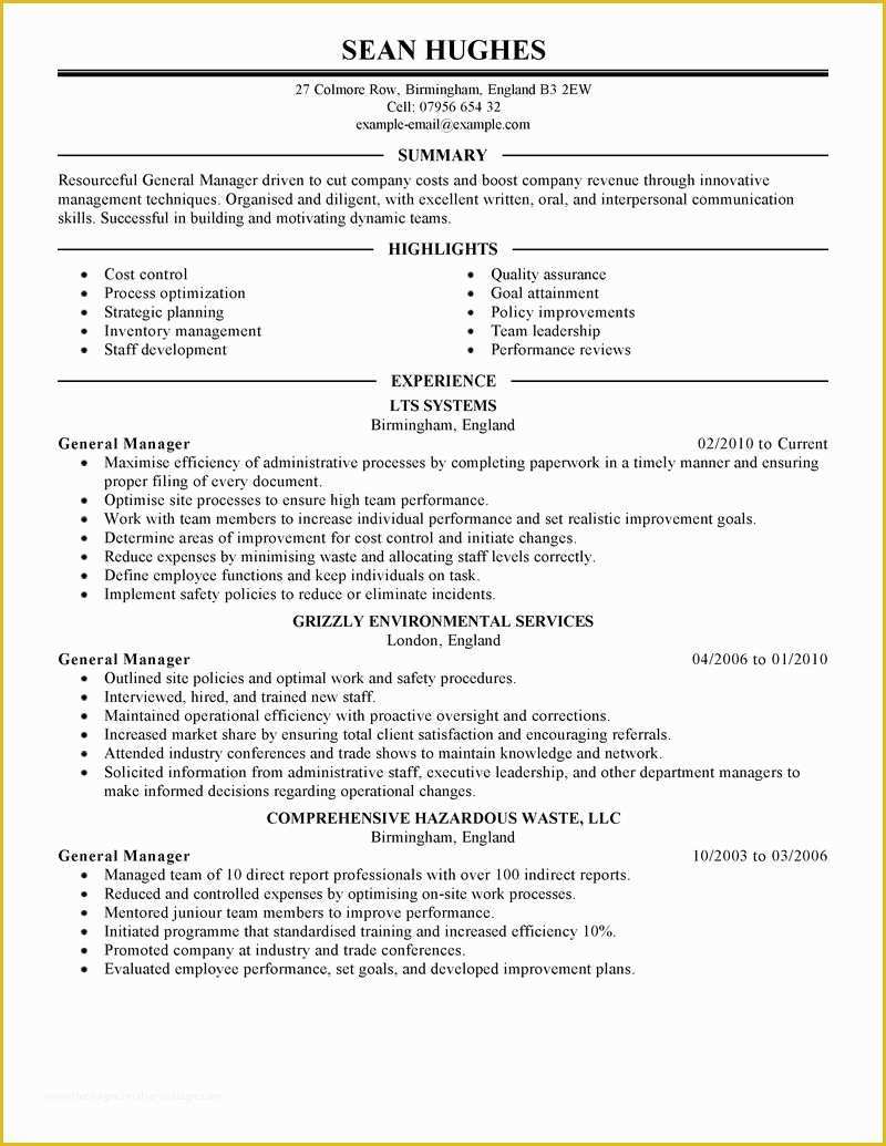 General Resume Template Free Of General Manager Resume