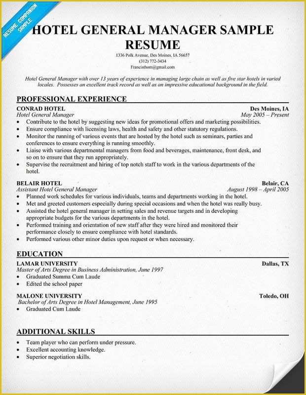 General Resume Template Free Of Hotel General Manager Resume Resume Panion