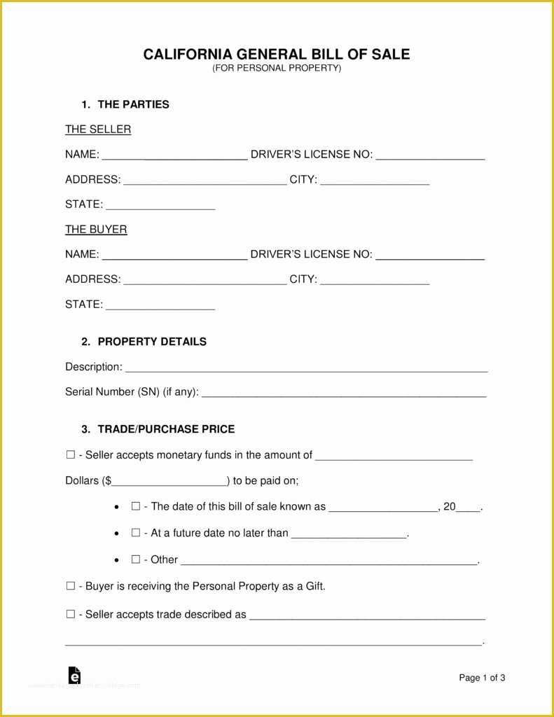 Generic Bill Of Sale Template Free Of Free California General Bill Of Sale form Word