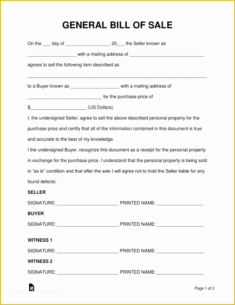 Generic Bill Of Sale Template Free Of Free General Personal Property Bill Of Sale form Word