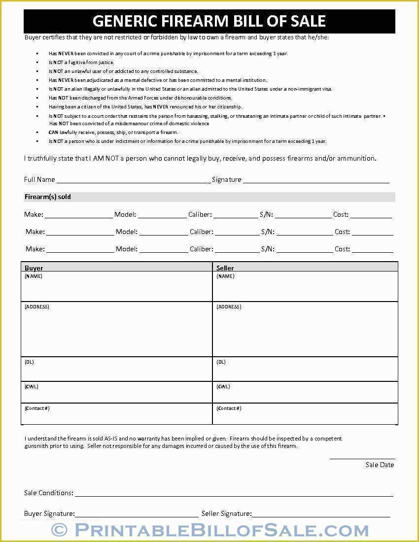 Generic Bill Of Sale Template Free Of Free Generic Firearm Bill Of Sale form