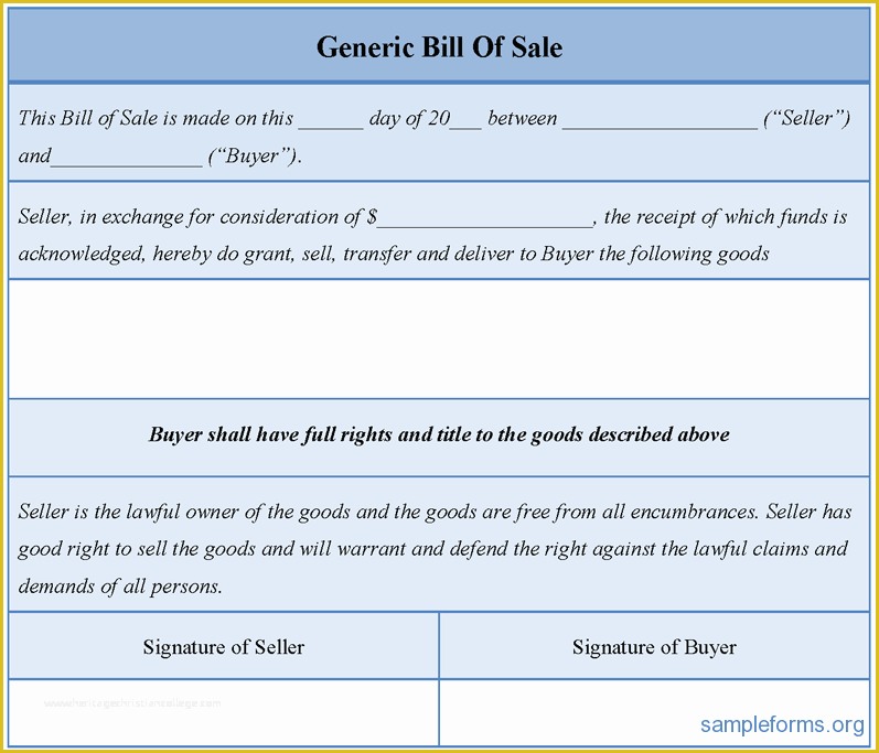 Generic Bill Of Sale Template Free Of Generic Bill Sale form Sample forms