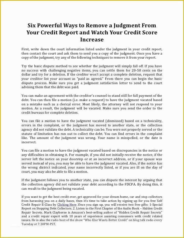 Get Out Of Debt Free Template Letters Of Sample Letter to Credit Bureau to Remove Judgement
