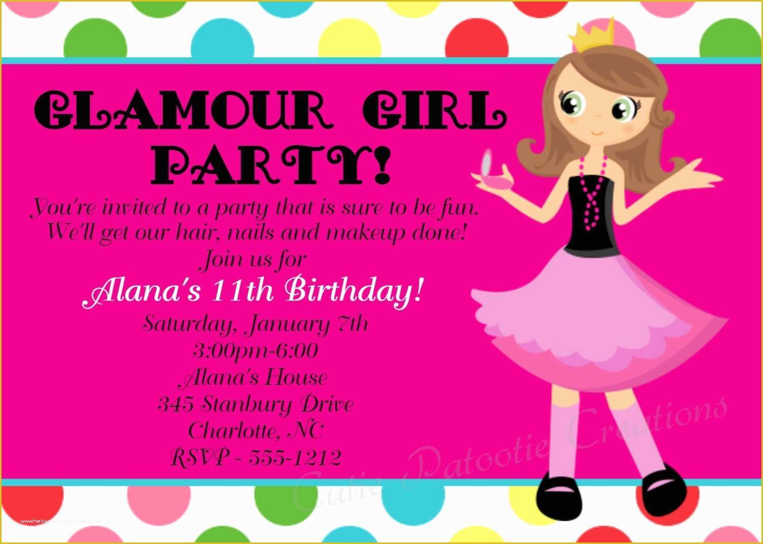 Girl Birthday Invitations Templates Free Of Glamour Girl Birthday Invitation Printable or Printed