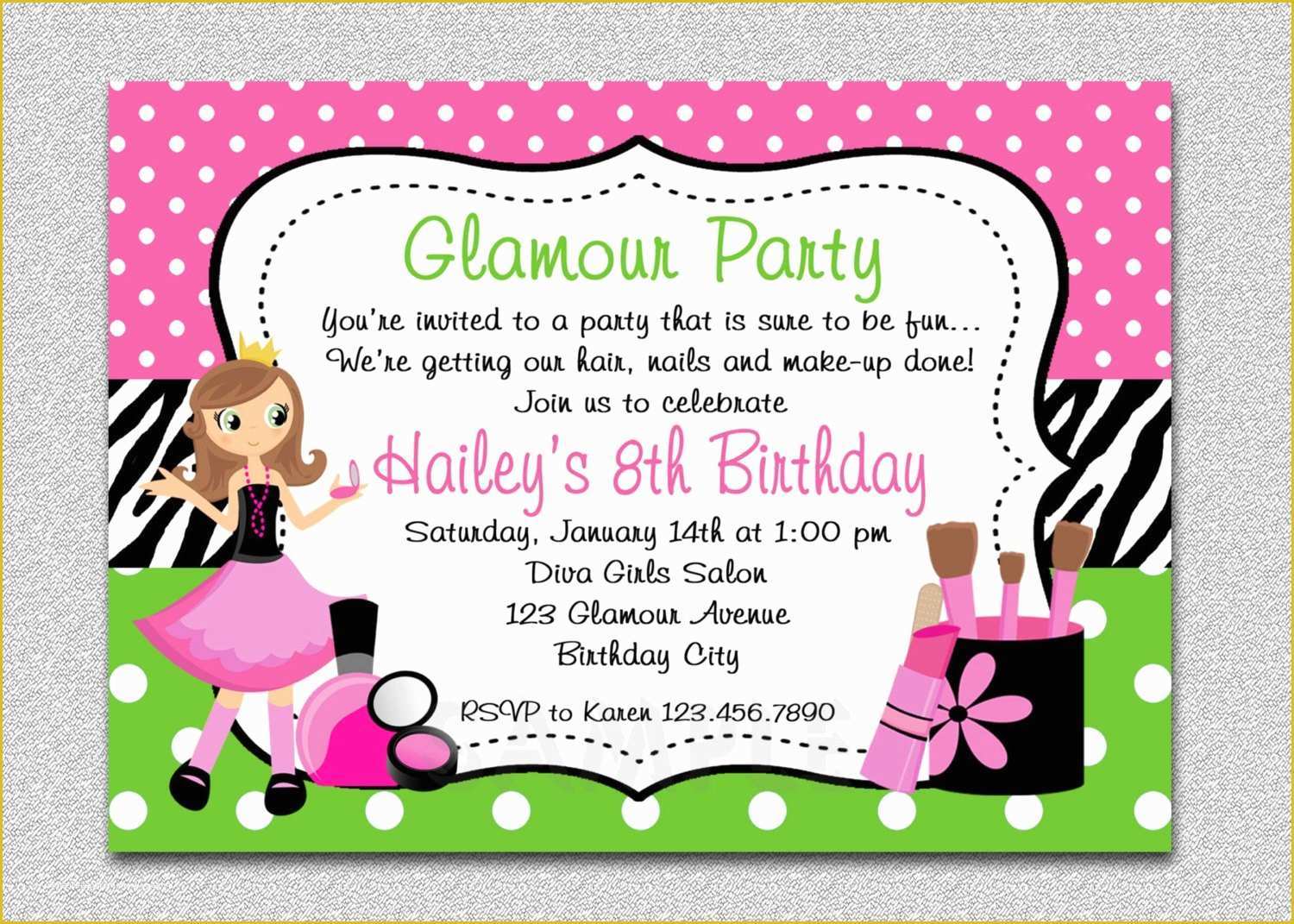 Girl Birthday Invitations Templates Free Of Glamour Girl Birthday Spa Invitation Glamour Girl Birthday