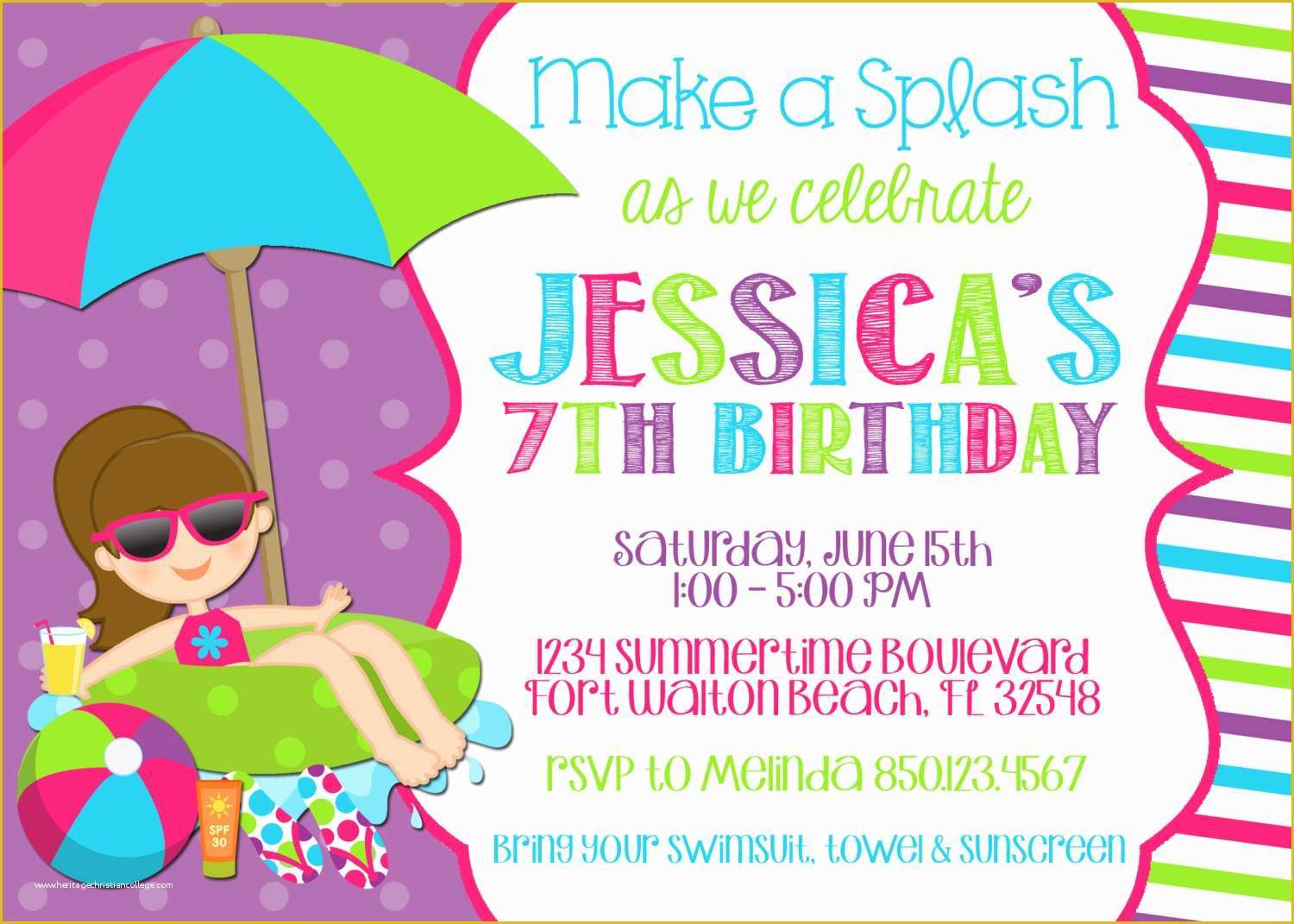 Girl Birthday Invitations Templates Free Of Swimming Pool 5x7 Invitation Girl Birthday by Partysoperfect