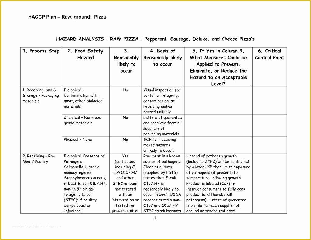 Haccp Templates Free Of Raw Ground Pizza Haccp Plan