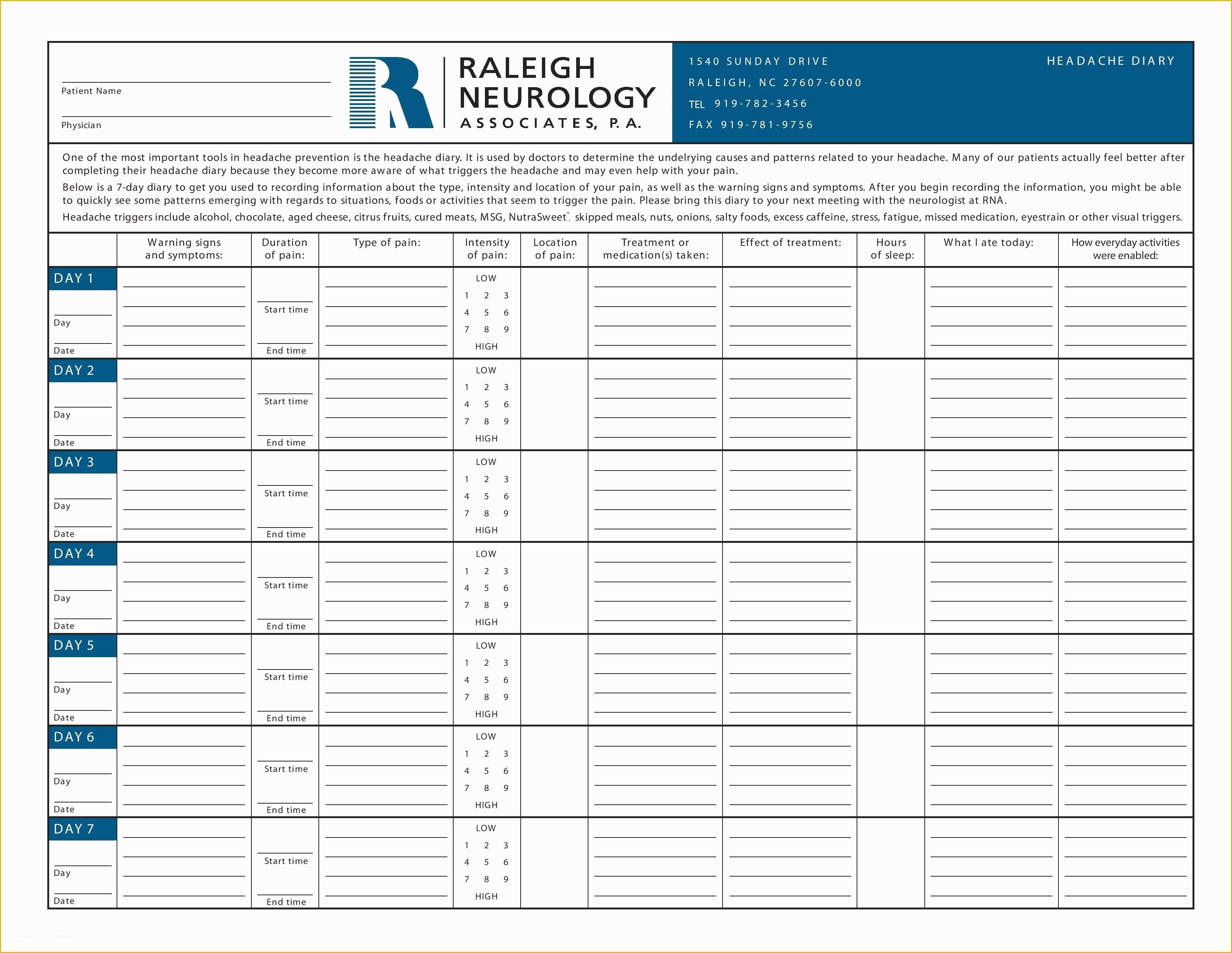 Headache Diary Template Free Of Migraine Diary