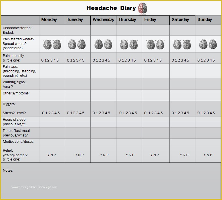 Headache Diary Template Free Of Pain Management