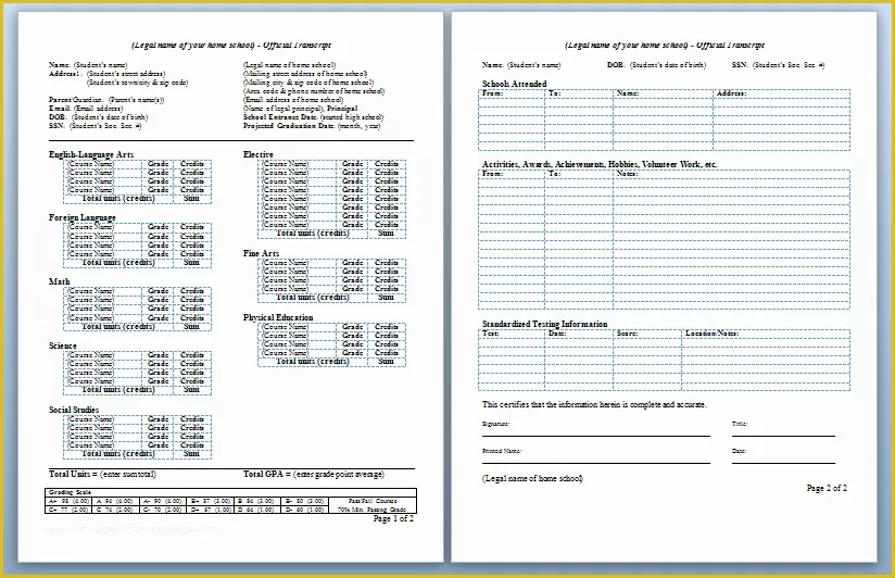 High School Transcript Template Free Of Homeschool High School Transcripts