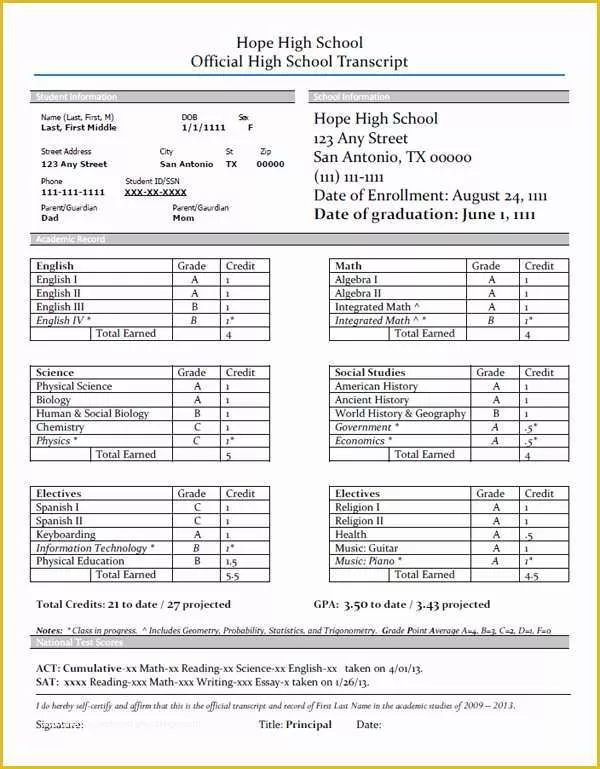 High School Transcript Template Free Of Subject Transcript Instead Of