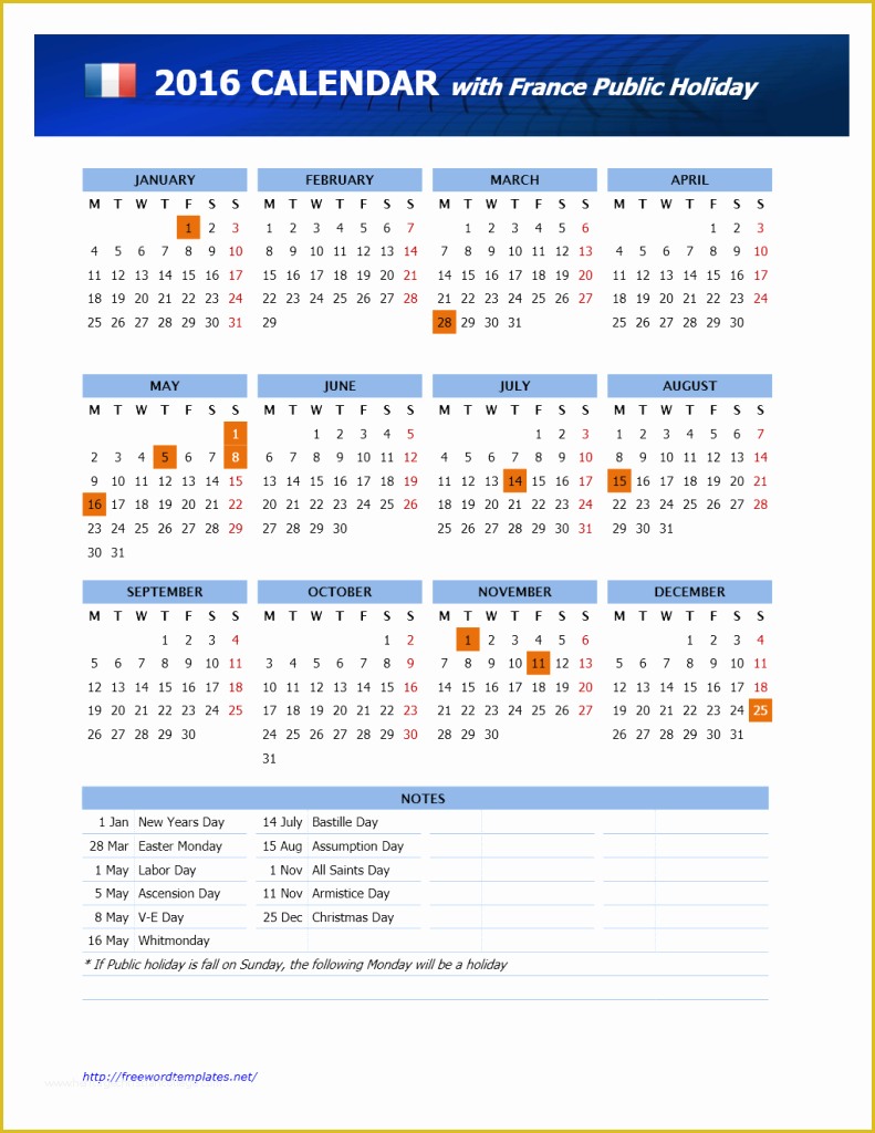 Holiday Schedule Template Free Of 2016 France Public Holidays Calendar