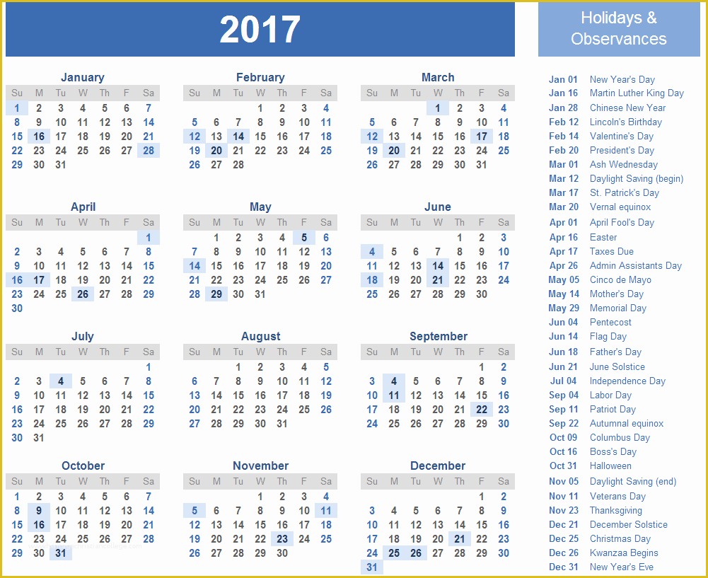 Holiday Schedule Template Free Of 2017 Calendar with Holidays [us Uk Canada]