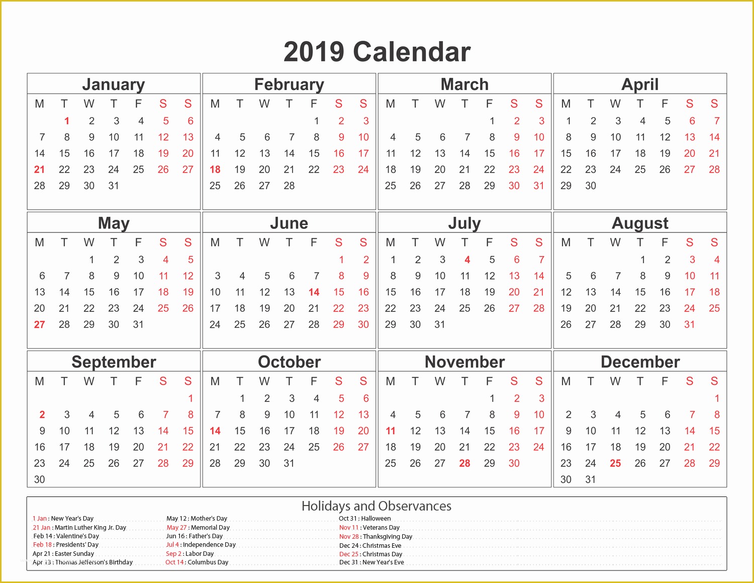 Holiday Schedule Template Free Of Blank Printable Calendar 2019 with Holidays