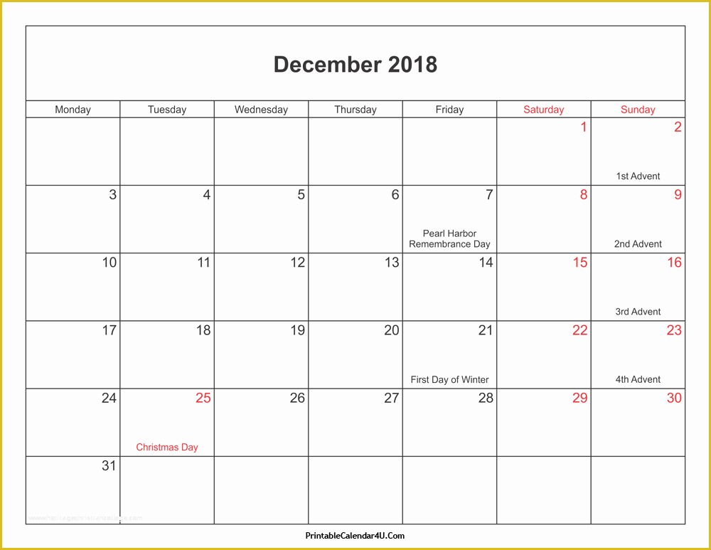 Holiday Schedule Template Free Of December 2018 Calendar with Holidays
