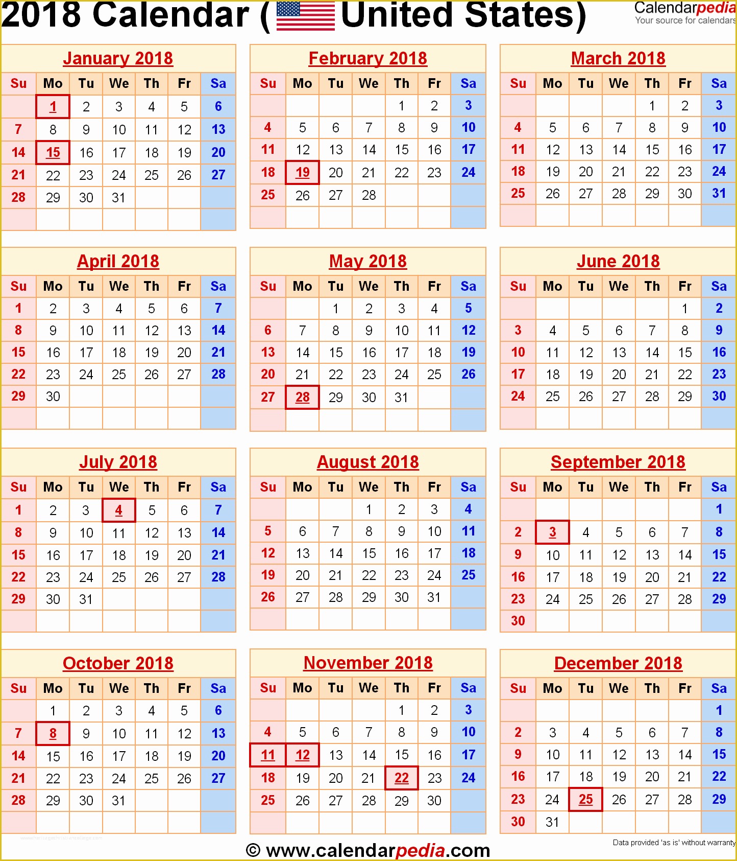 Holiday Schedule Template Free Of Free 2018 Calendar with Holidays