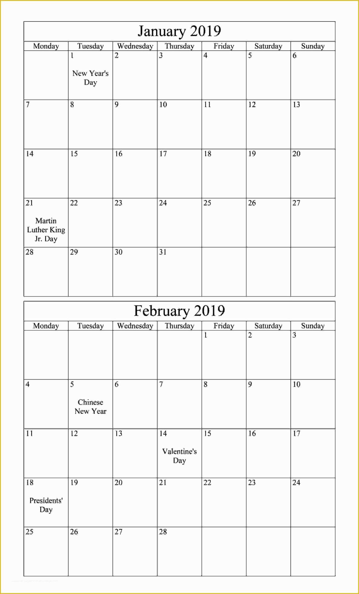 Holiday Schedule Template Free Of January February 2019 Calendar with Holiday