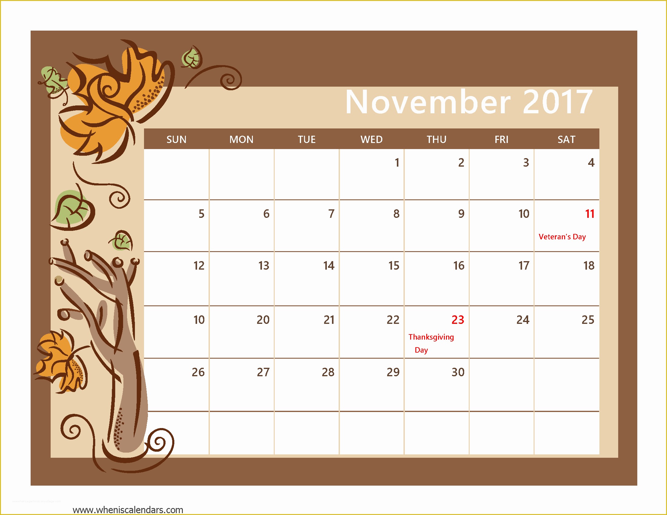 Holiday Schedule Template Free Of November 2017 Calendar with Holidays