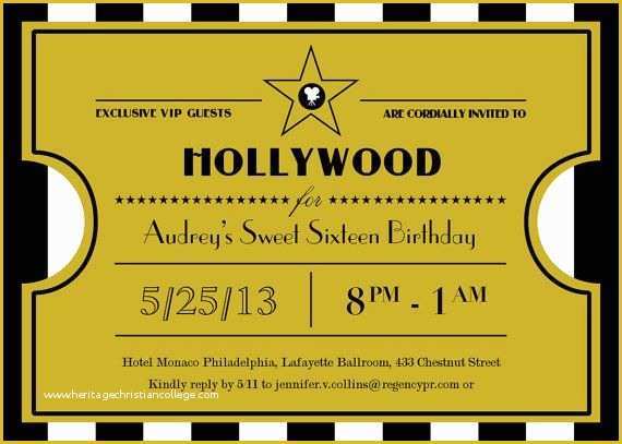 Hollywood themed Invitations Free Templates Of Printable Hollywood Sweet Sixteen Ticket Invitation